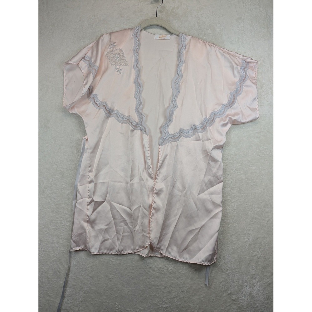 Vintage Val Mode Satin Robe Womens Small Pink Lace Embroidered Lingerie Kimono